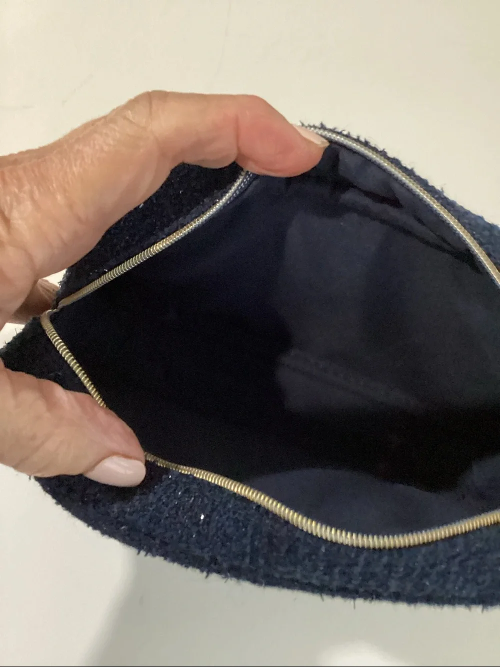 CHANEL Navy Blue Tweed Beaute cosmetic bag with Gold Logo